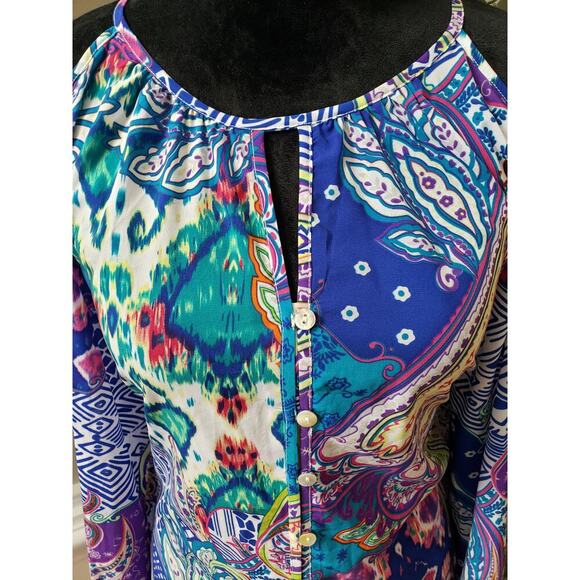 Chico's Shirt Top Women 0 Multicolor Cold Shoulder Sleeve Keyhole Back Tie Hem - Picture 10 of 11